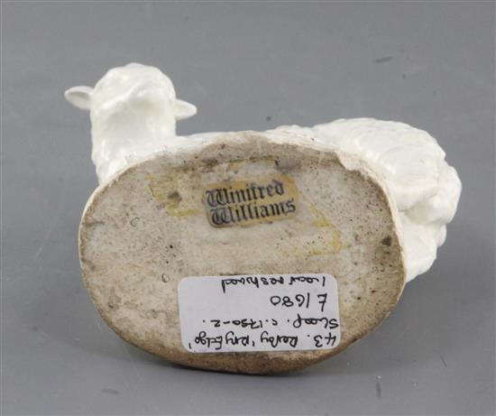 A rare Derby Dry-Edge figure of a lamb, c.1750-5, l.10.5cm, one ear restored
